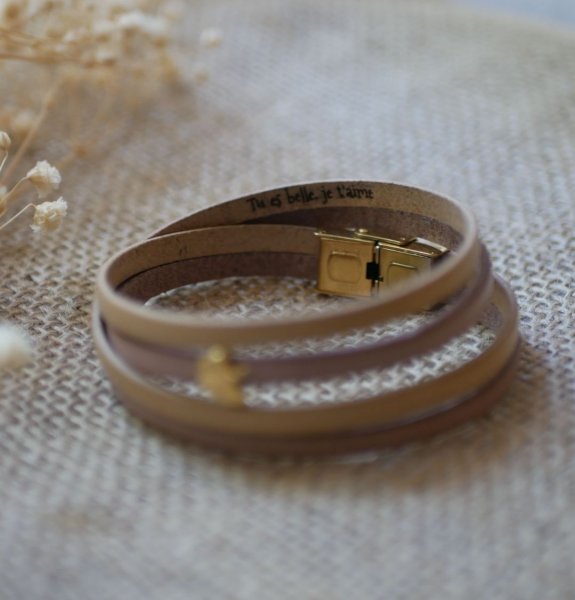 Zen lederen armband in duo van kleuren, personaliseerbaar met gouden ginkgo 