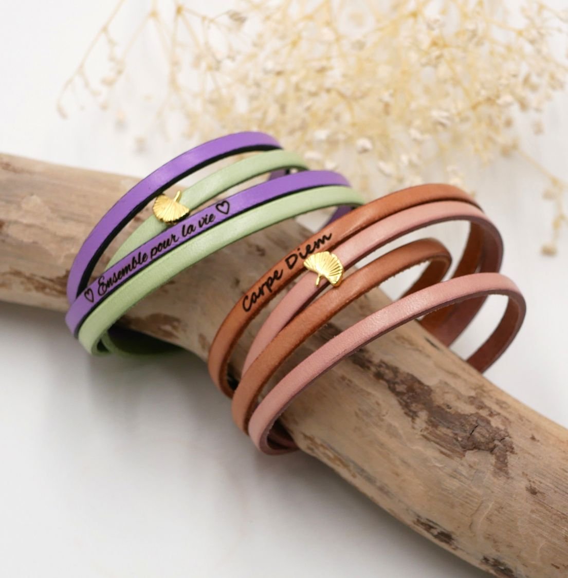 Zen lederen armband in duo van kleuren, personaliseerbaar met gouden ginkgo 
