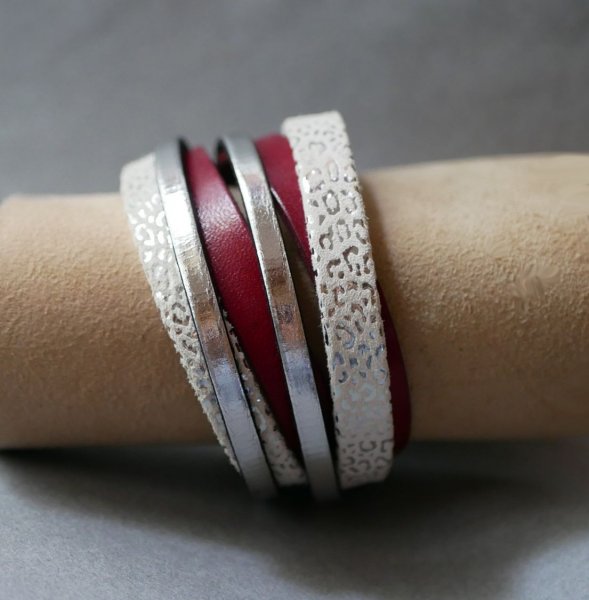 Op maat gemaakte witte, zilveren en rood lederen dubbele-draai manchet armband  