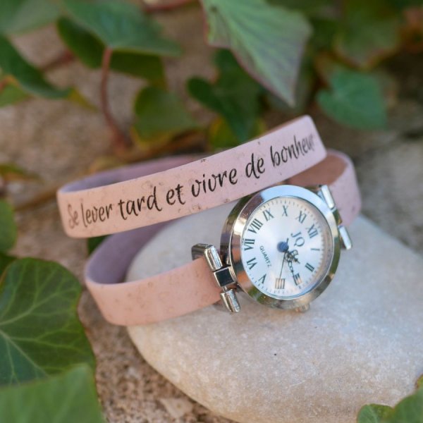 Zilveren horloge met kurken armband 2 slagen met verstelbare sluiting