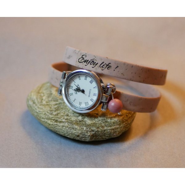 Zilveren horloge met kurken armband 2 slagen met verstelbare sluiting