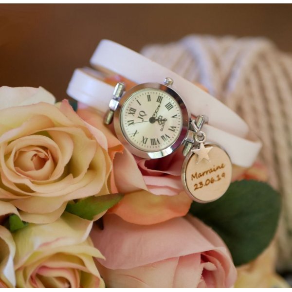 Gegraveerd houten cabochon horloge met dubbele lederen band 