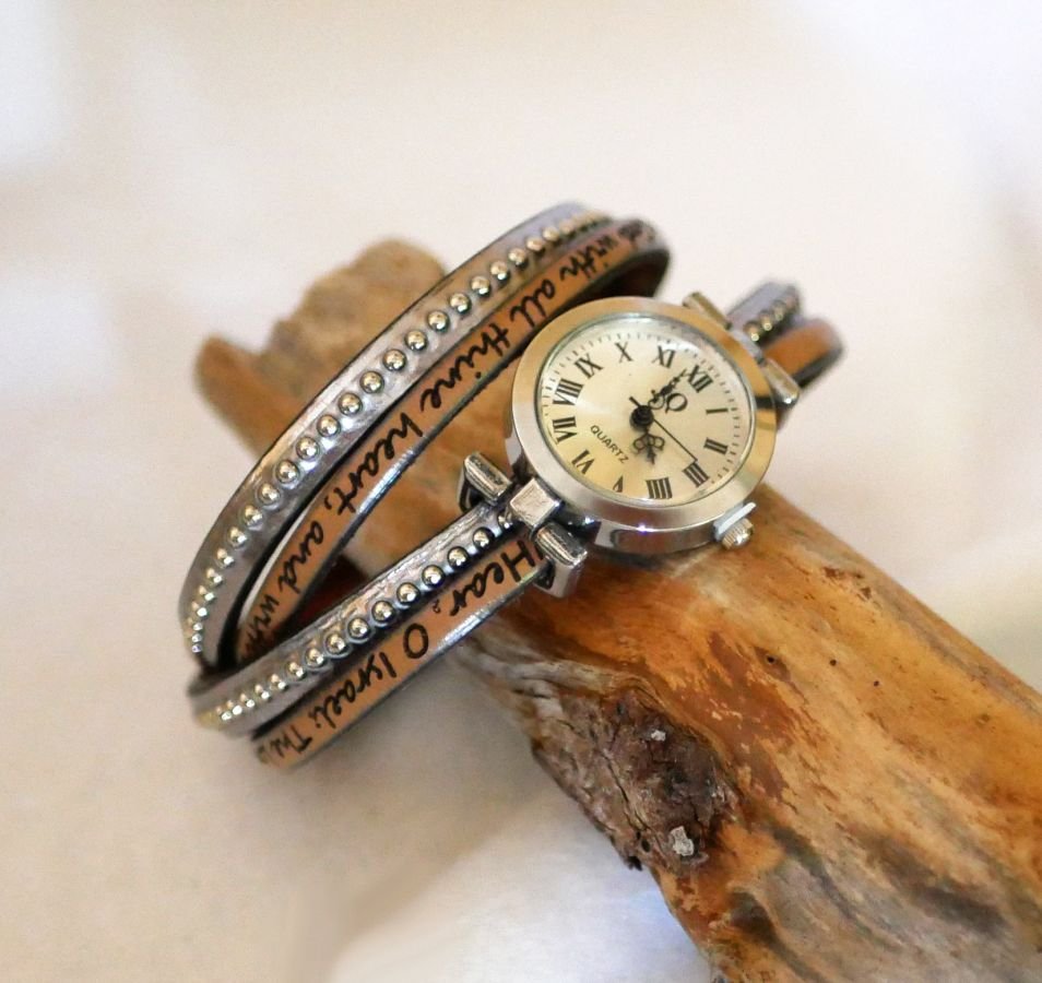 Horloge verzilverde dubbele lederen band kralen kleurkeuze aan te passen 