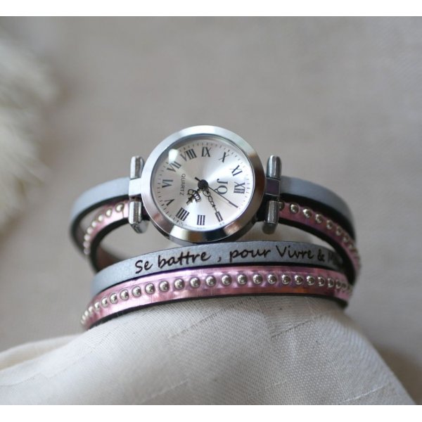 Horloge met dubbele roze metallic lederen band, te personaliseren 