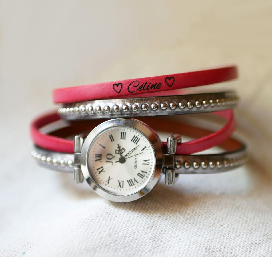 Horloge verzilverde dubbele lederen band kralen kleurkeuze aan te passen 