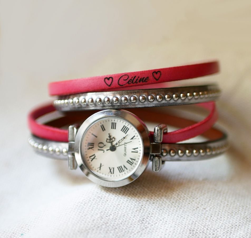 Horloge verzilverde dubbele lederen band kralen kleurkeuze aan te passen 
