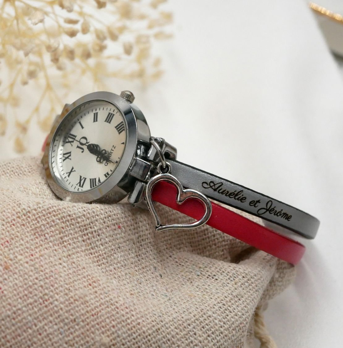 Horloge in zilver met duo-leren band in kleur naar keuze en persoonlijke gravure