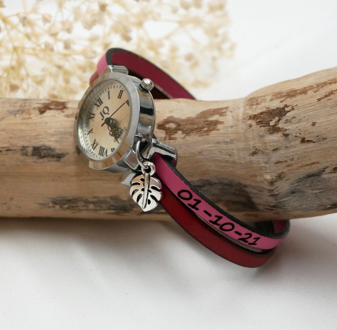Horloge in zilver met duo-leren band in kleur naar keuze en persoonlijke gravure