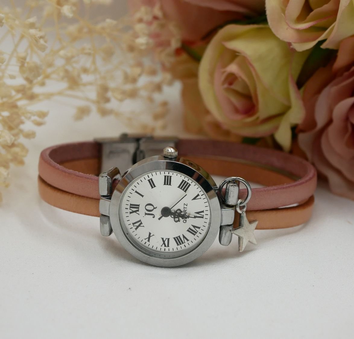 Horloge in zilver met duo-leren band in kleur naar keuze en persoonlijke gravure