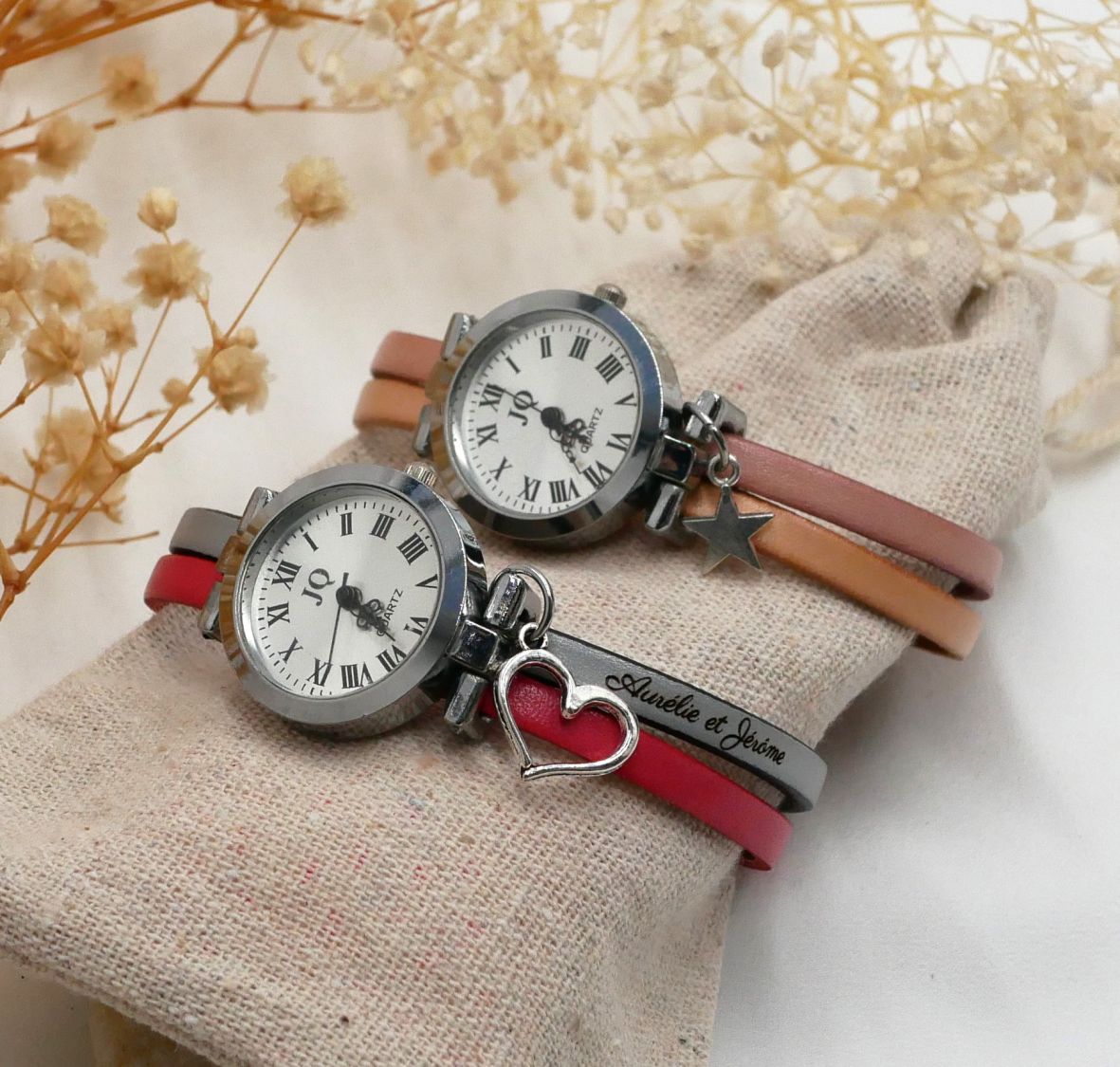 Horloge in zilver met duo-leren band in kleur naar keuze en persoonlijke gravure