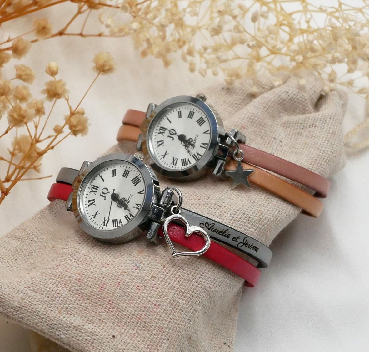 Horloge in zilver met duo-leren band in kleur naar keuze en persoonlijke gravure