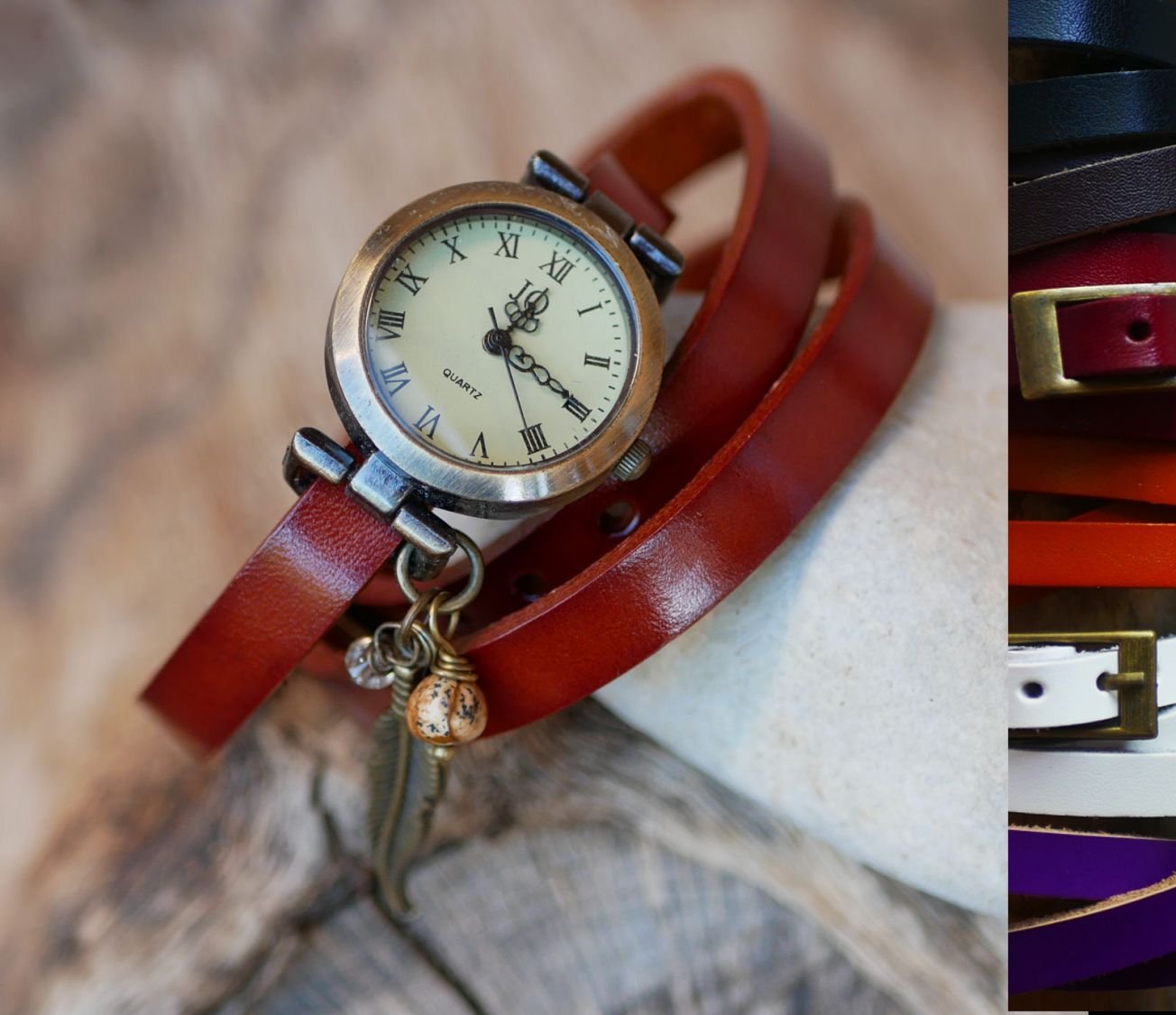 Leren armbandhorloge met veer- en parelbedels
