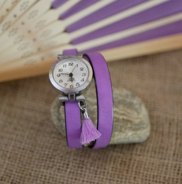 Leren armband horloge Lila 2 of 3 rondes met pompon