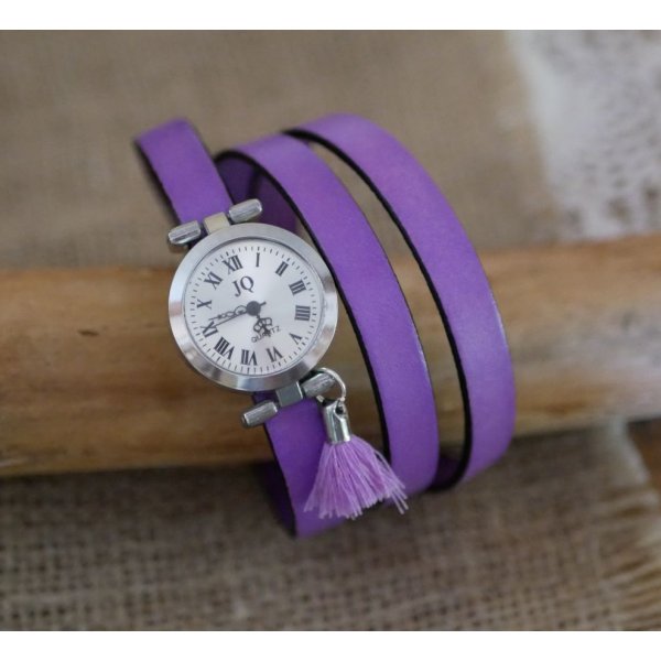 Leren armband horloge Lila 2 of 3 rondes met pompon