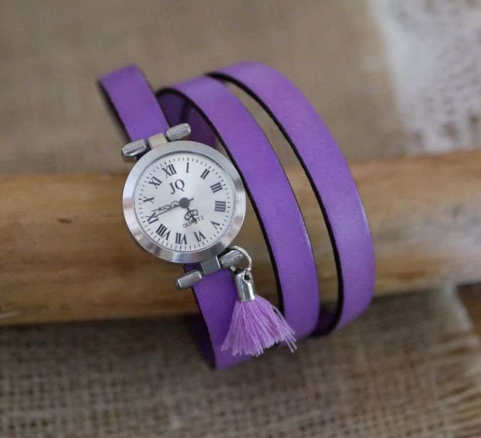 Leren armband horloge Lila 2 of 3 rondes met pompon