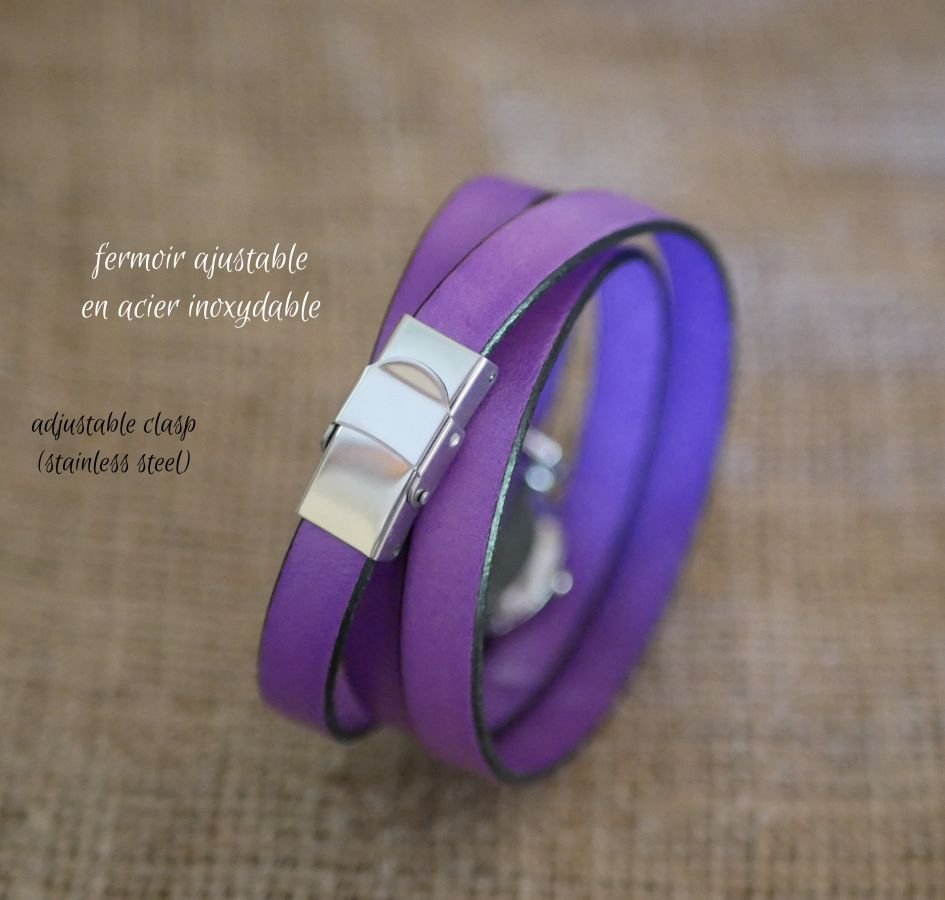 Leren armband horloge Lila 2 of 3 rondes met pompon