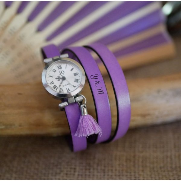 Leren armband horloge Lila 2 of 3 rondes met pompon