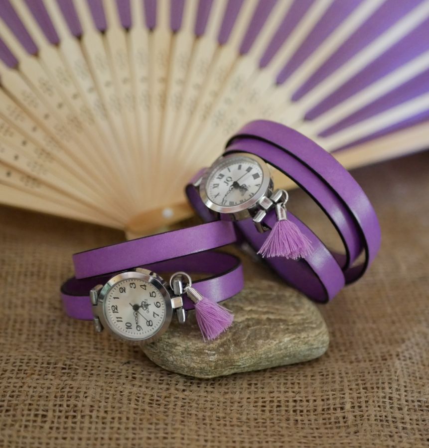 Leren armband horloge Lila 2 of 3 rondes met pompon