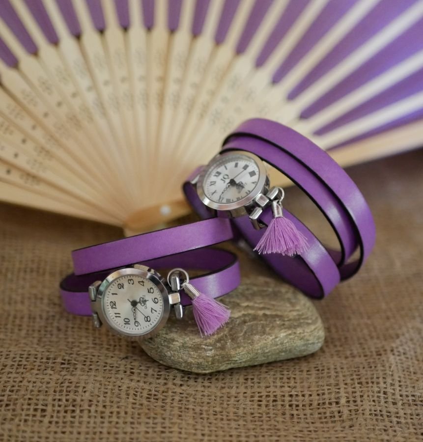Leren armband horloge Lila 2 of 3 rondes met pompon