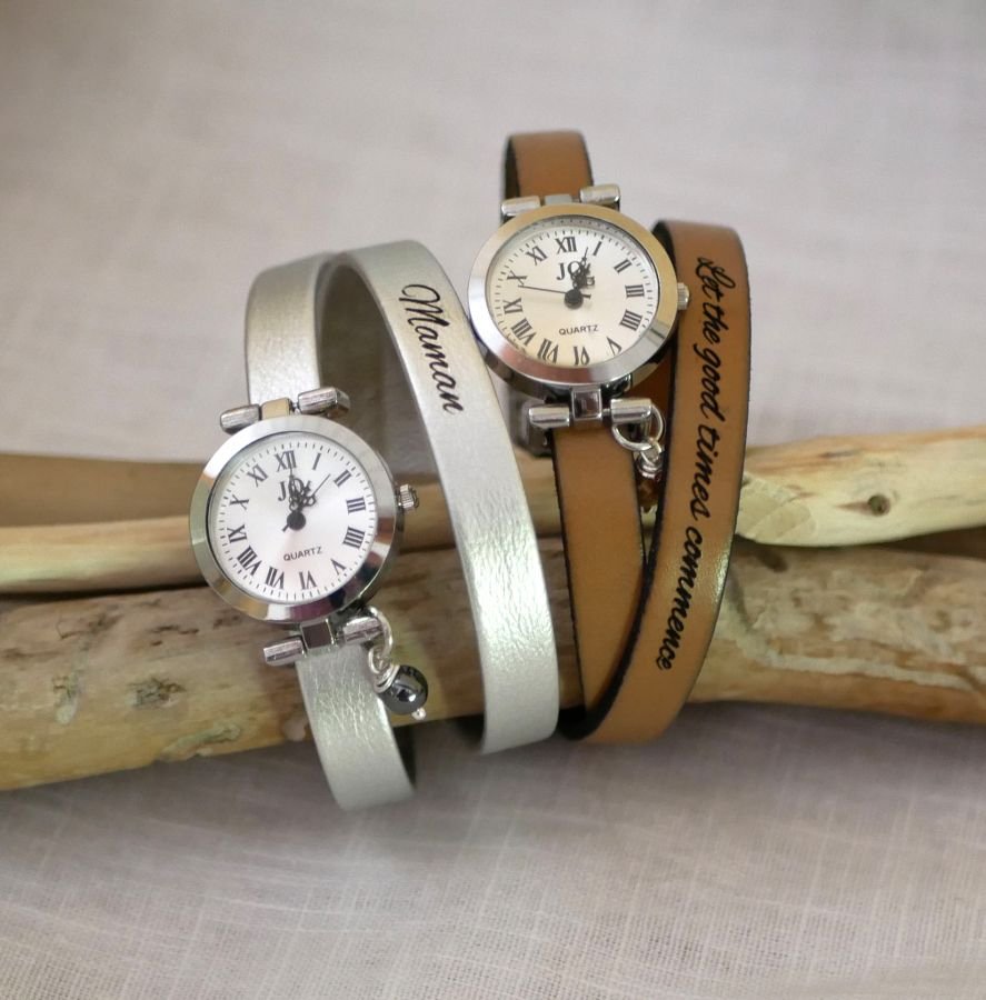 Lederen armbandhorloge 2 slagen aanpasbaar met zilveren wijzerplaat