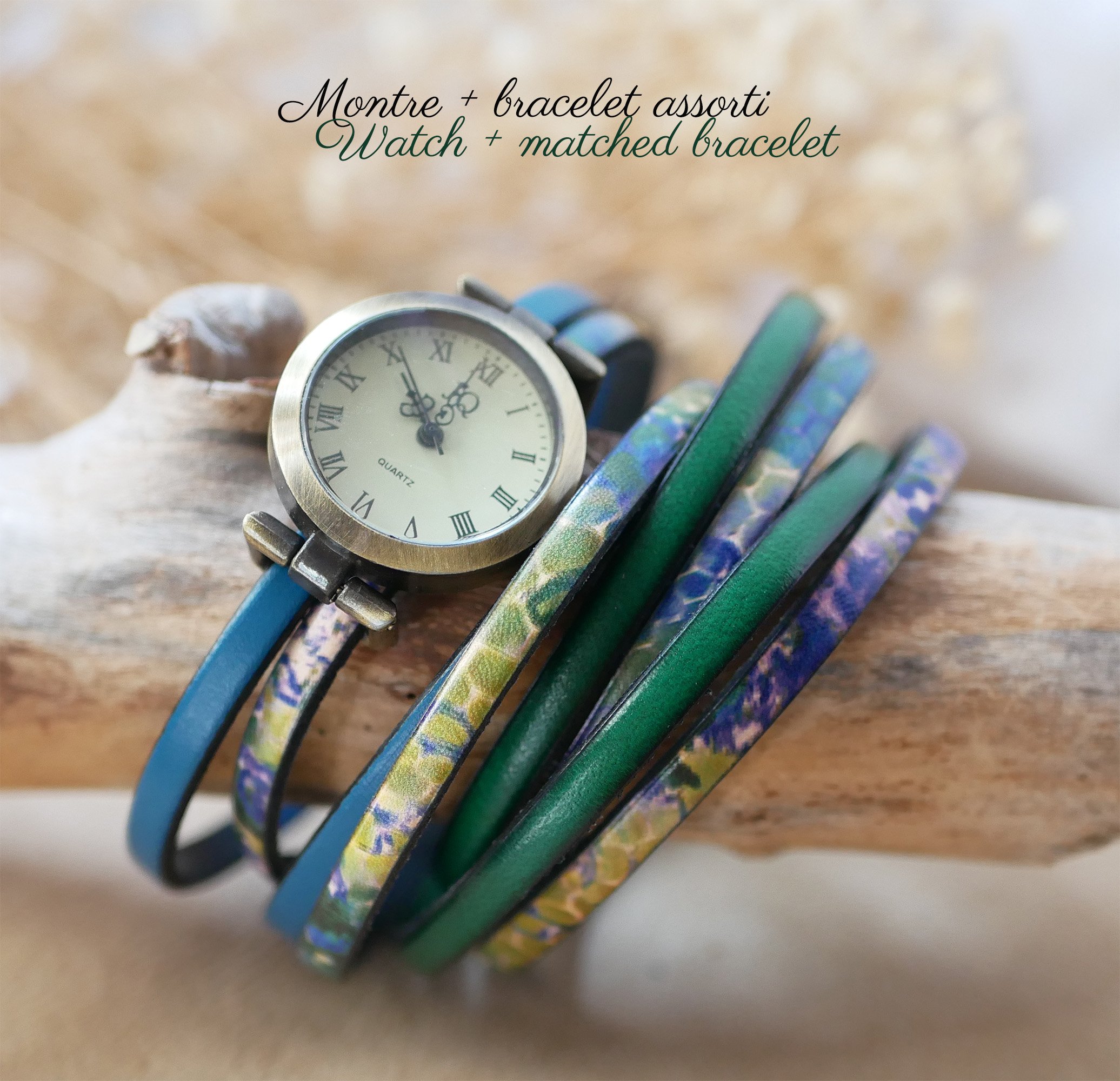 Dubbel lederen horloge met impressionistische opdruk en kleur naar keuze om te personaliseren 