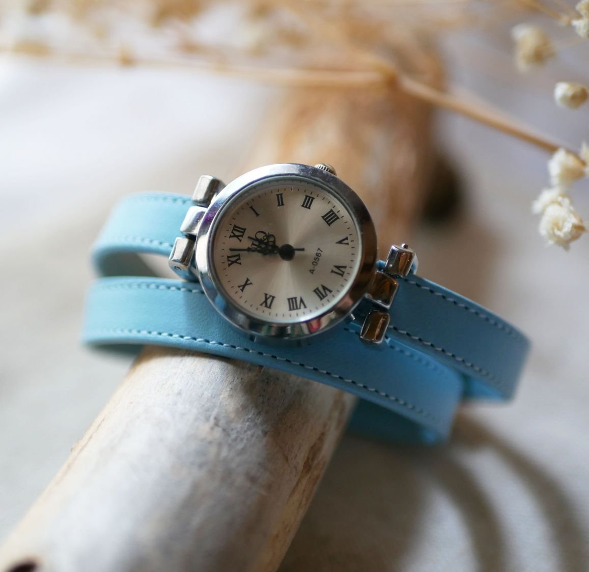 Hemelsblauw dubbel tour lederen horloge
