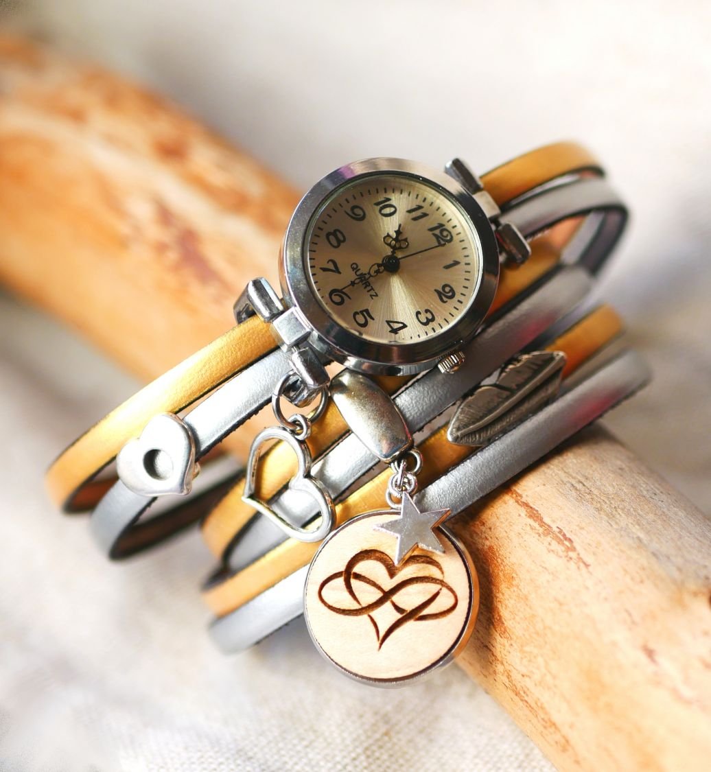 Triple tour horloge in leder duo en hout cabochon te personaliseren 