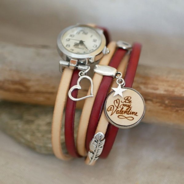 Triple tour horloge in leder duo en hout cabochon te personaliseren 