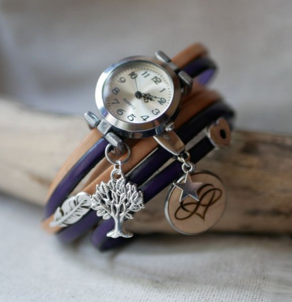 Triple tour horloge in leder duo en hout cabochon te personaliseren 
