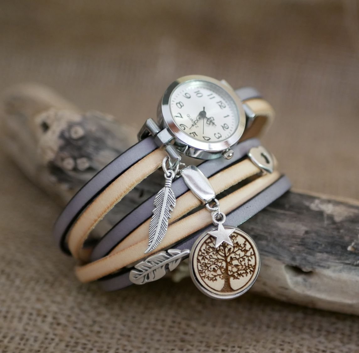 Triple tour horloge in leder duo en hout cabochon te personaliseren 