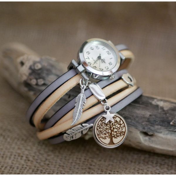 Triple tour horloge in leder duo en hout cabochon te personaliseren 