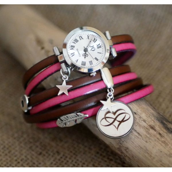 Triple tour horloge in leder duo en hout cabochon te personaliseren 