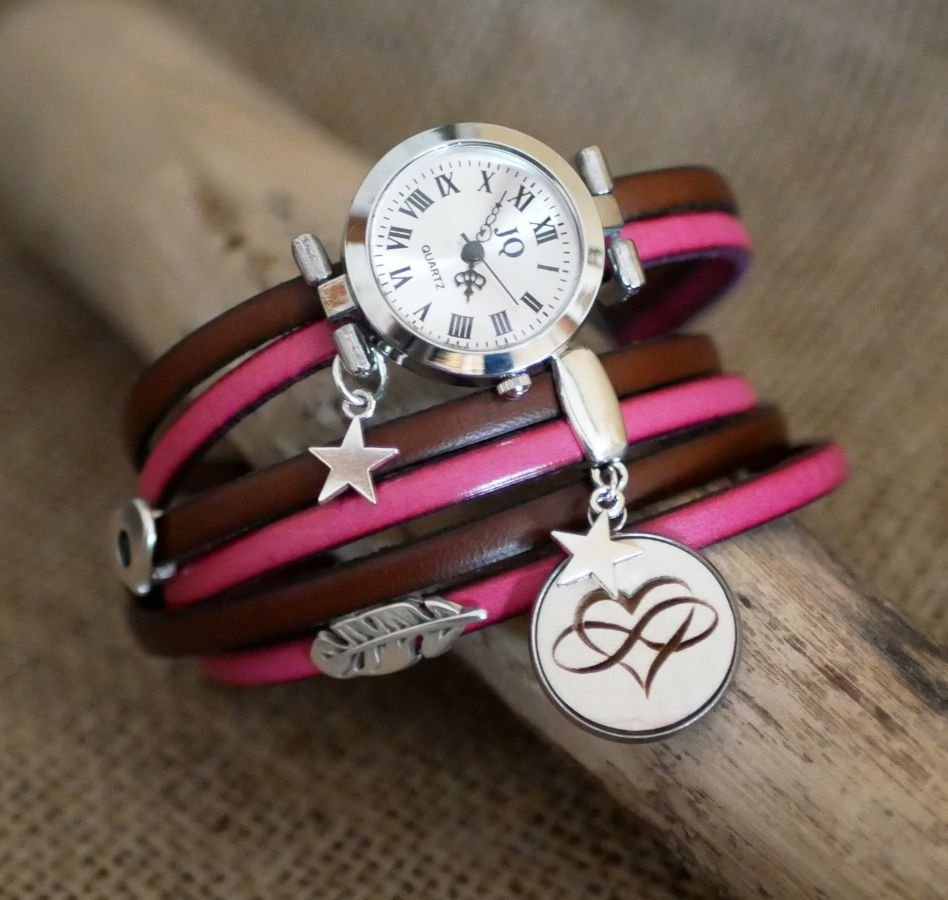 Triple tour horloge in leder duo en hout cabochon te personaliseren 