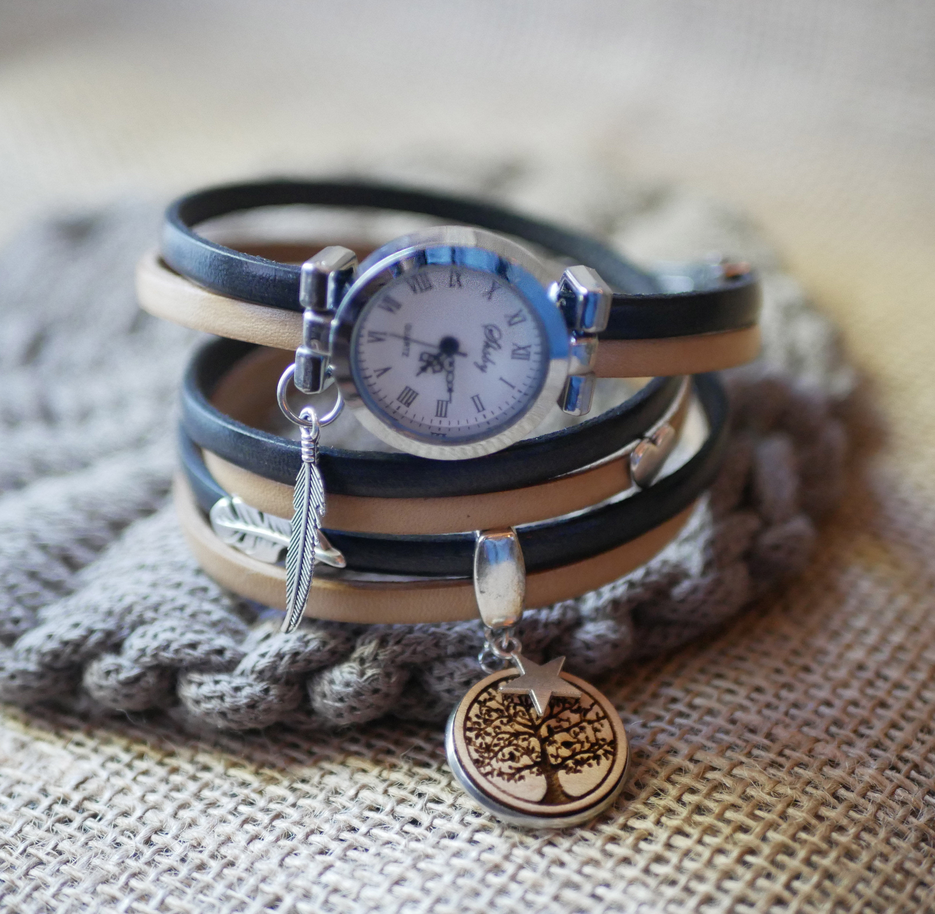Triple tour horloge in leder duo en hout cabochon te personaliseren 