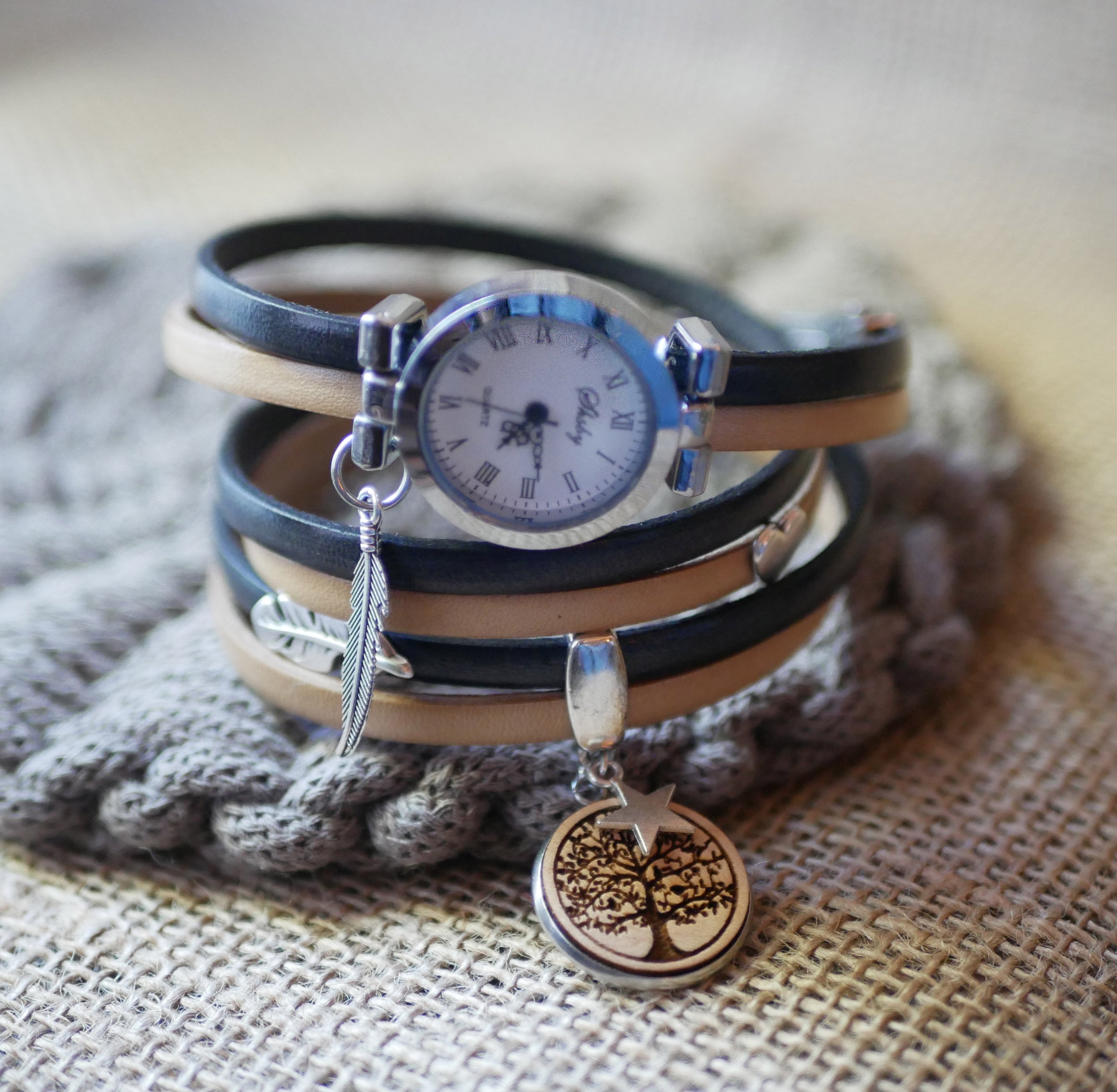 Triple tour horloge in leder duo en hout cabochon te personaliseren 