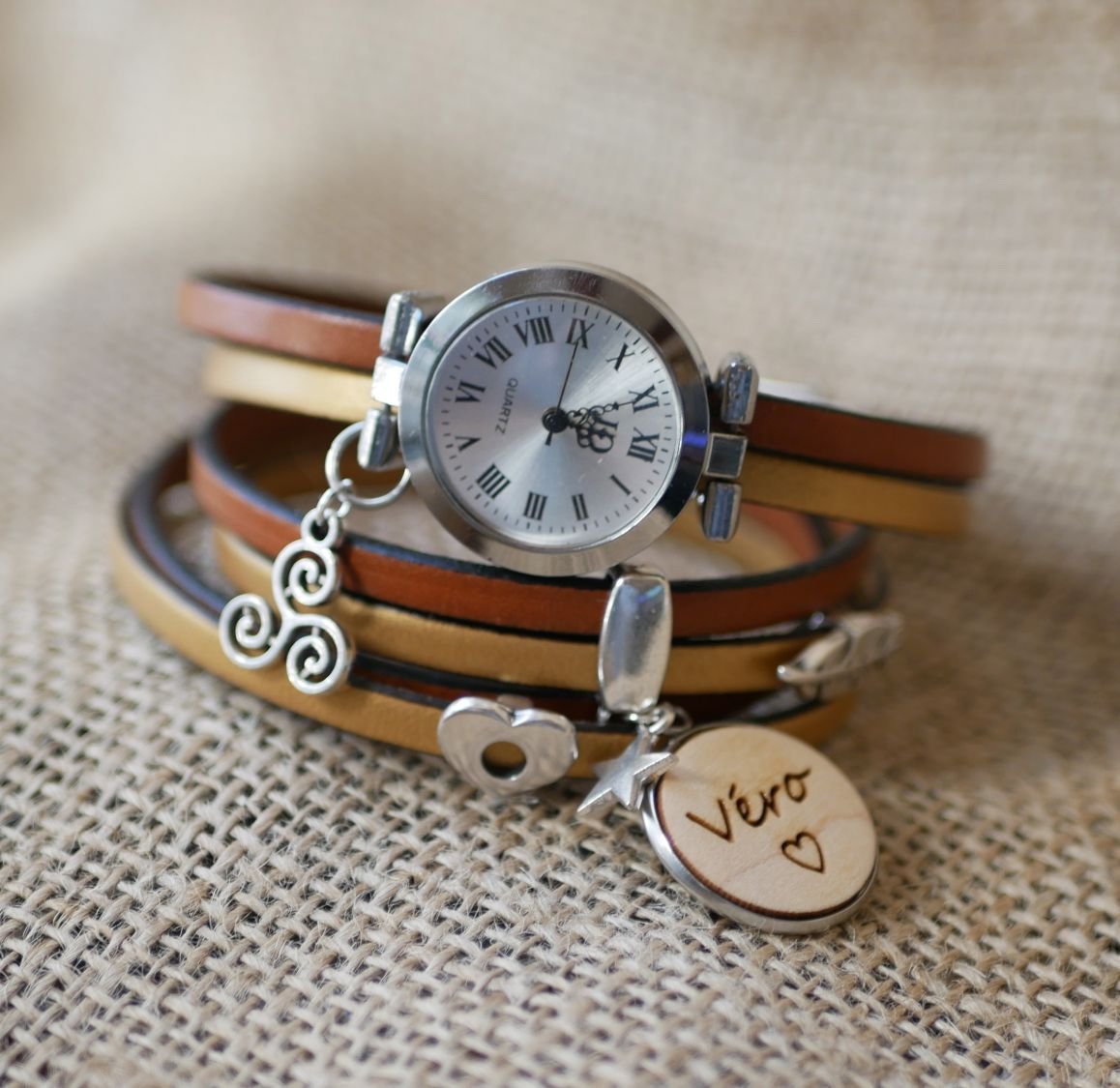 Triple tour horloge in leder duo en hout cabochon te personaliseren 