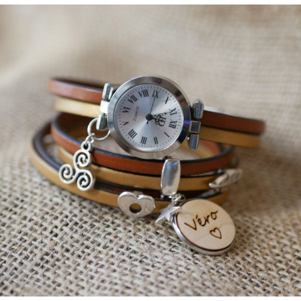 Triple tour horloge in leder duo en hout cabochon te personaliseren 