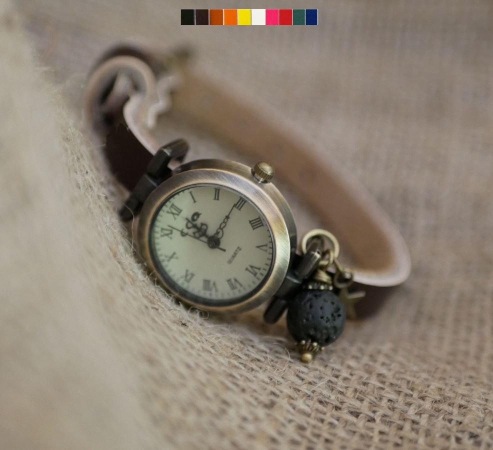 Horloge met lavasteenbedel en lederen band naar keuze
