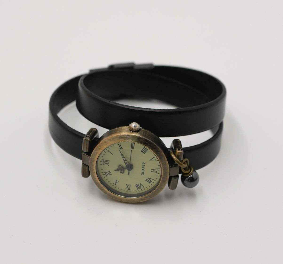 Horloge brons lederen armband 2 slagen verstelbare sluiting