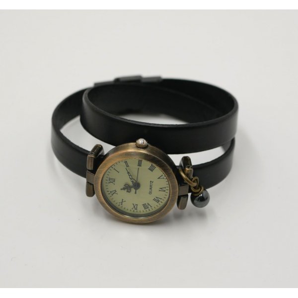 Horloge brons lederen armband 2 slagen verstelbare sluiting