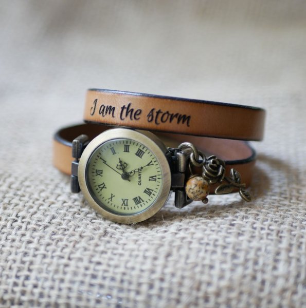 Horloge brons lederen armband 2 slagen verstelbare sluiting
