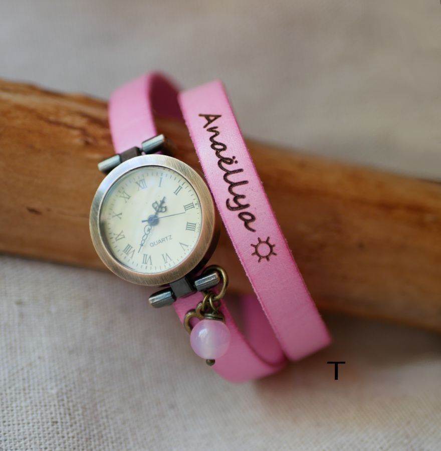 Horloge brons lederen armband 2 slagen verstelbare sluiting