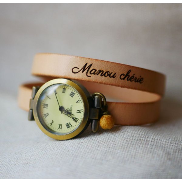 Horloge brons lederen armband 2 slagen verstelbare sluiting