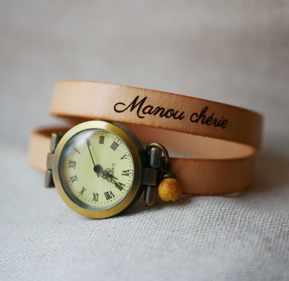 Horloge brons lederen armband 2 slagen verstelbare sluiting