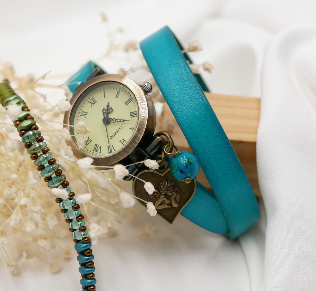 Horloge brons lederen armband 2 slagen verstelbare sluiting