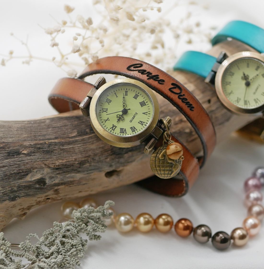 Horloge brons lederen armband 2 slagen verstelbare sluiting