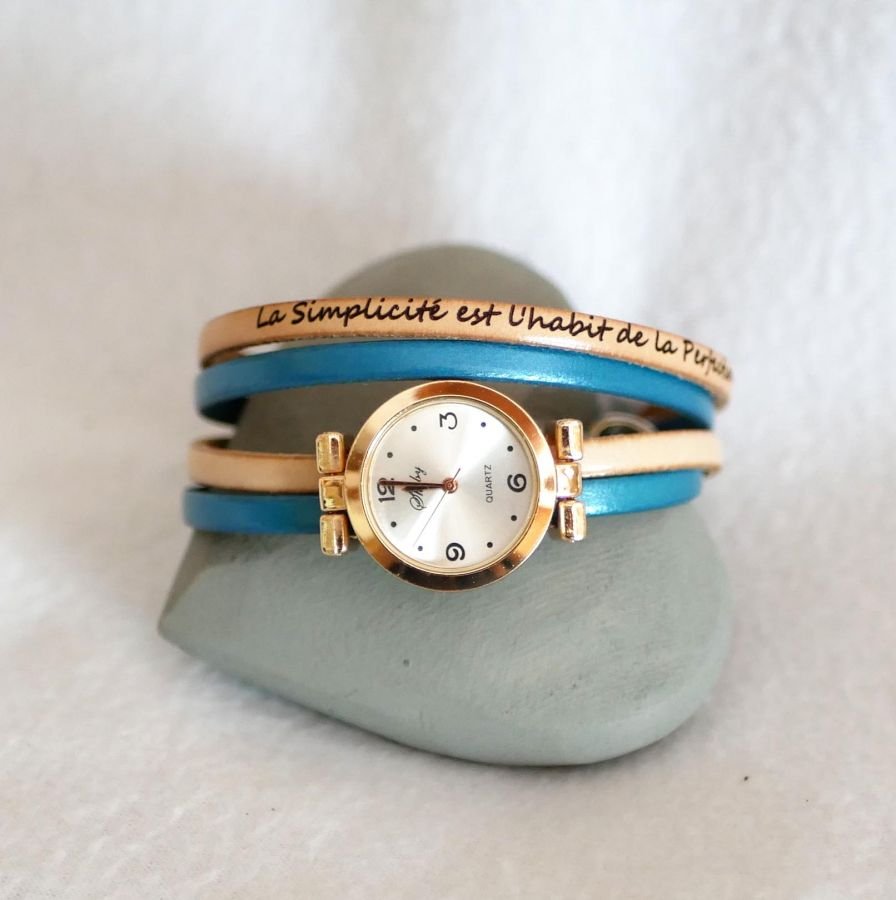 Horloge met roze gouden wijzerplaat en dubbele wikkelarmband om te personaliseren