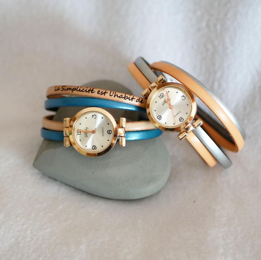 Horloge met roze gouden wijzerplaat en dubbele wikkelarmband om te personaliseren