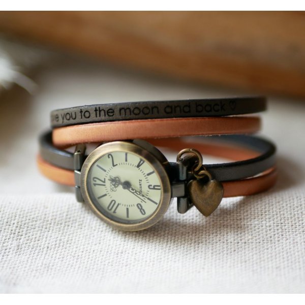 Montre personnalisable cadran bronze aux chiffres arabes sur bracelet duo de cuirs 2 tours 