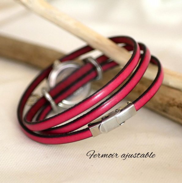 Horloge met 3-draaibare leren band en zilverkleurige wijzerplaat 